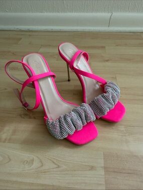 Hot Pink Rhinestone Heeled Sandals Strappy Stiletto Heels – Size 8